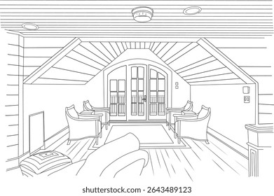 Line Drawing of Cozy Room Interior Design, Detailed black and white line drawing showcasing the interior design of a comfortable room. Features include furniture, arched french doors, a wooden
