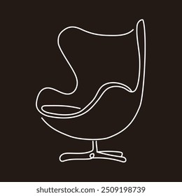 Line drawing of cozy vintage mid-century armchair silhouette. Doodle path vector. Editable stroke. Egg shape chair handdraw contour. Home decor, furniture design hand drawing.