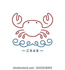 Line drawing of a crab in water with playful waves and a simple design