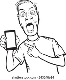 line drawing of crazy man showing a mobile app on a smart phone