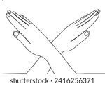 Line drawing crossing arms and saying no gesture. Making X shape, stop sign with hands and negative expression.