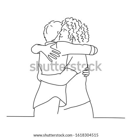 Line drawing of cuddling men. Tourism, travel, people, leisure and teenage concept. Vector illustration.