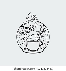 Line drawing of cup of coffee or tea. Modern flat linear vector illustration. Retro menu postcard with mug of hot drink