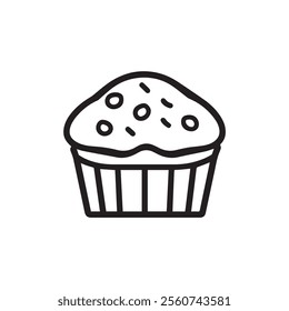 Line drawing of a cupcake icon with sprinkles on top.