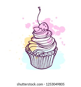 Line drawing of a cupcake with spots of paint.