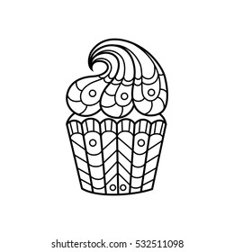 Line drawing of the cupcake in the style of zentangle,doodle. Black and white vector illustration.