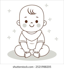 Line drawing of cute baby sitting on white background, feeling funny and happy, isolated babies or infant, flat vector illustration,nursery,baby shower, Design for  prints, fabrics and textiles