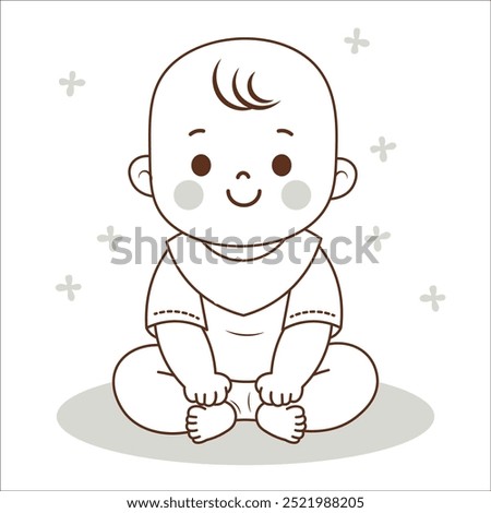 Line drawing of cute baby sitting on white background, feeling funny and happy, isolated babies or infant, flat vector illustration,nursery,baby shower, Design for  prints, fabrics and textiles
