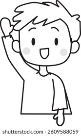Line drawing of a cute boy smiling and raising his hand. Simple, flat. Vector illustration	