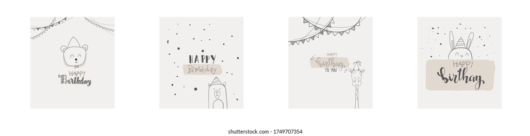 Line drawing cute cartoon animals celebrating birthdays set, Digital greeting birthdays, eCards for Birthday 