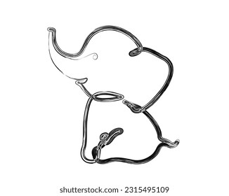Line drawing of a cute elephant. Elephant line art vector illustration. animal design element for kids concept.  