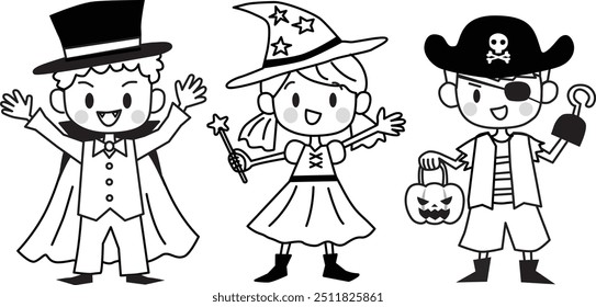 Line drawing of cute kids in halloween costumes. Vector Illustration.