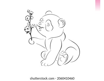 line  drawing. cute Panda and cotton flower bear symbol. Logo of the panda. Vector illustration