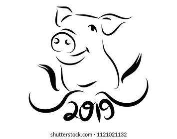 line drawing of cute pig  New Year 2019 Vector Illustration hand drawn