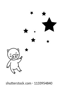 line drawing of cute pig and star
  cartoon character vector illustration