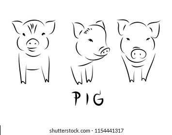 line drawing of a cute pig, year of pig 
linear style and Hand drawn Vector illustrations,
character design outline collection,
cartoon doodle style.