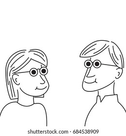Line drawing of cute young man and woman