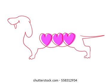 Line drawing of the Dachshund with three pink hearts. Vector illustration, template for greeting cards for Valentine's day.