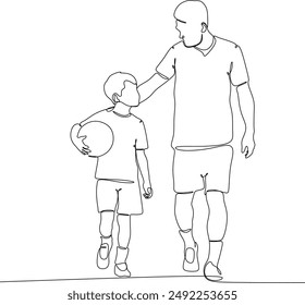 Line drawing of dad and child playing with a ball. Father's Day. Manual work without artificial intelligence