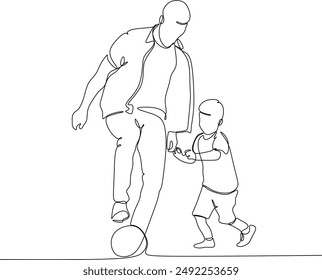 Line drawing of dad and child playing with a ball. Father's Day. Manual work without artificial intelligence