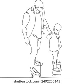 Line drawing of a dad and a child riding a skateboard. Father's Day. Manual work without artificial intelligence