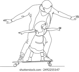 Line drawing of a dad and a child riding a skateboard. Father's Day. Manual work without artificial intelligence