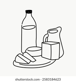 Line drawing of dairy products: milk bottle, cheese, and butter. Simple black and white illustration of dairy items on a plate. Minimalist dairy design. Line art illustration vector.