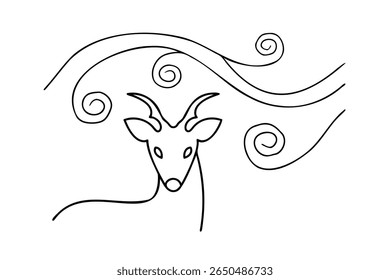 Line drawing a deer head with antlers stylized wind swirls on animal outline