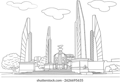 Line Drawing of Democracy Monument em Bangkok, Uma ilustração de arte de linha minimalista do Monumento da Democracia, um marco histórico localizado em Bangkok, Tailândia. O desenho captura o ícone