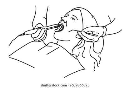 line drawing of  dentist examining patient teeth condition and doing tooth filling. Medical health care service workers concept one line draw design vector eps