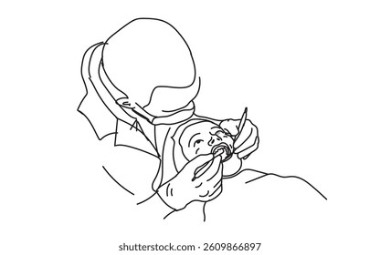 line drawing of  dentist examining patient teeth condition and doing tooth filling. Medical health care service workers concept one line draw design vector eps