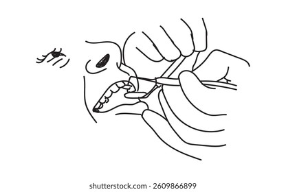 line drawing of  dentist examining patient teeth condition and doing tooth filling. Medical health care service workers concept one line draw design vector eps