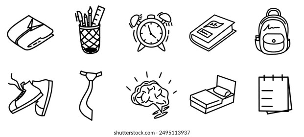 line drawing depicting back to school equipment including pencil case with pencils and pens, alarm clock, books, school backpack, sneakers, neck tie, brain symbol