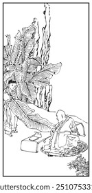 Line drawing depicting a seated elder figure in traditional attire, engaged with a standing younger individual holding an oversized leaf, surrounded by large foliage and rocky background.