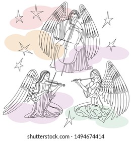 The Line Drawing Depicts Angel Girls Playing Musical Instruments. Vector Illustration. EPS 10.