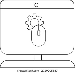 Un dibujo de línea representa una computadora con un icono de ratón y engranaje centrado en la pantalla Un círculo está sobre la pantalla