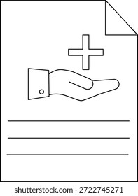 Un dibujo de línea representa un documento con un símbolo de mano más y líneas en blanco