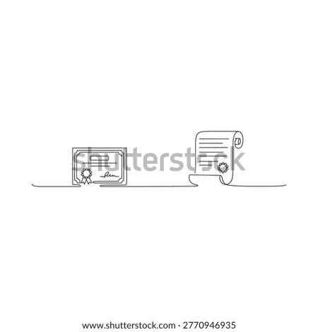 Line drawing depicts a framed diploma and a scroll symbolizing achievement