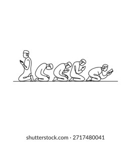 Desenho de linha representa um grupo de homens rezando em uma fileira