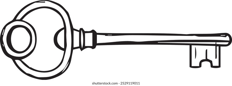 El dibujo de líneas representa una llave anticuada con una cabeza redonda, un eje largo y un recorte distintivo en la parte inferior.