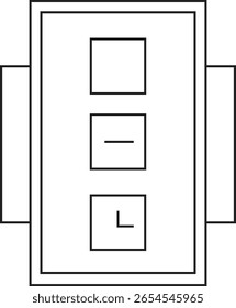 Um desenho de linha representa um painel de controle retangular com três botões quadrados; um em branco, um com um símbolo de menos e um com um "L". Dois lados retangulares ...
