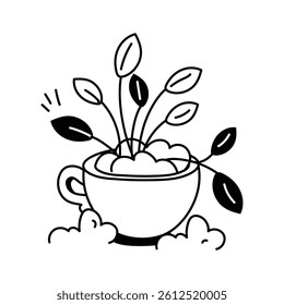 Line drawing depicts a repurposed coffee cup, now a miniature planter holding a small plant