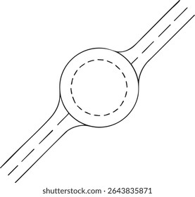 Um desenho de linha retrata uma rotatória com duas estradas conectadas a ela. O centro é um círculo tracejado.