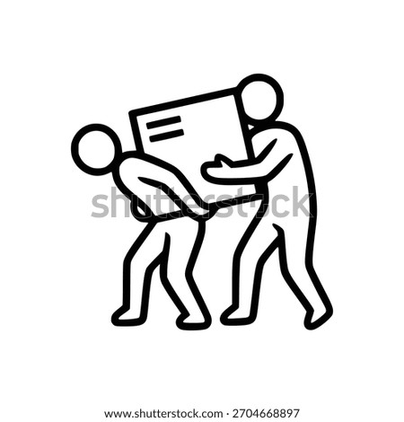 A line drawing depicts two figures collaborating to lift and transport a large box, symbolizing teamwork and shared effort in moving or delivering items.