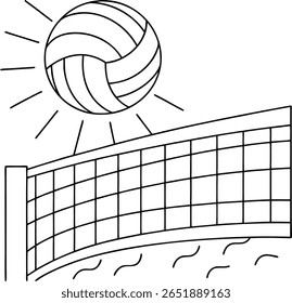 A line drawing depicts a volleyball suspended in the air above a net. The net spans horizontally across the image, with wavy lines suggesting water or sand below.