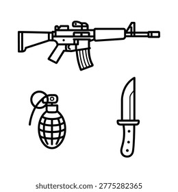 Line drawing depicts a weapon set including an assault rifle, grenade, and combat knife on