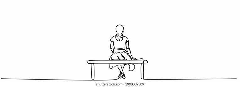 a line drawing of a depressed woman with confused thoughts in her head. A young lady is sitting on a bench. Minimalist style. The concept of the psychology of loneliness. Print on T-shirts, notebooks