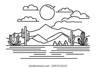 Line drawing of desert with cacti and burning sun. vector illustration