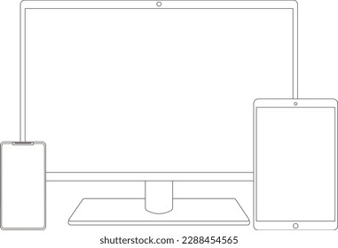 Line drawing of a desktop computer, laptop computer, smartphone, and tablet.