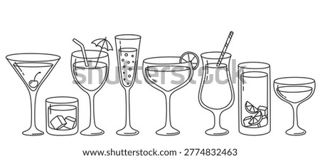 Line drawing with different types of cocktail and drink glasses. Minimal and stylish design perfect for bar menus